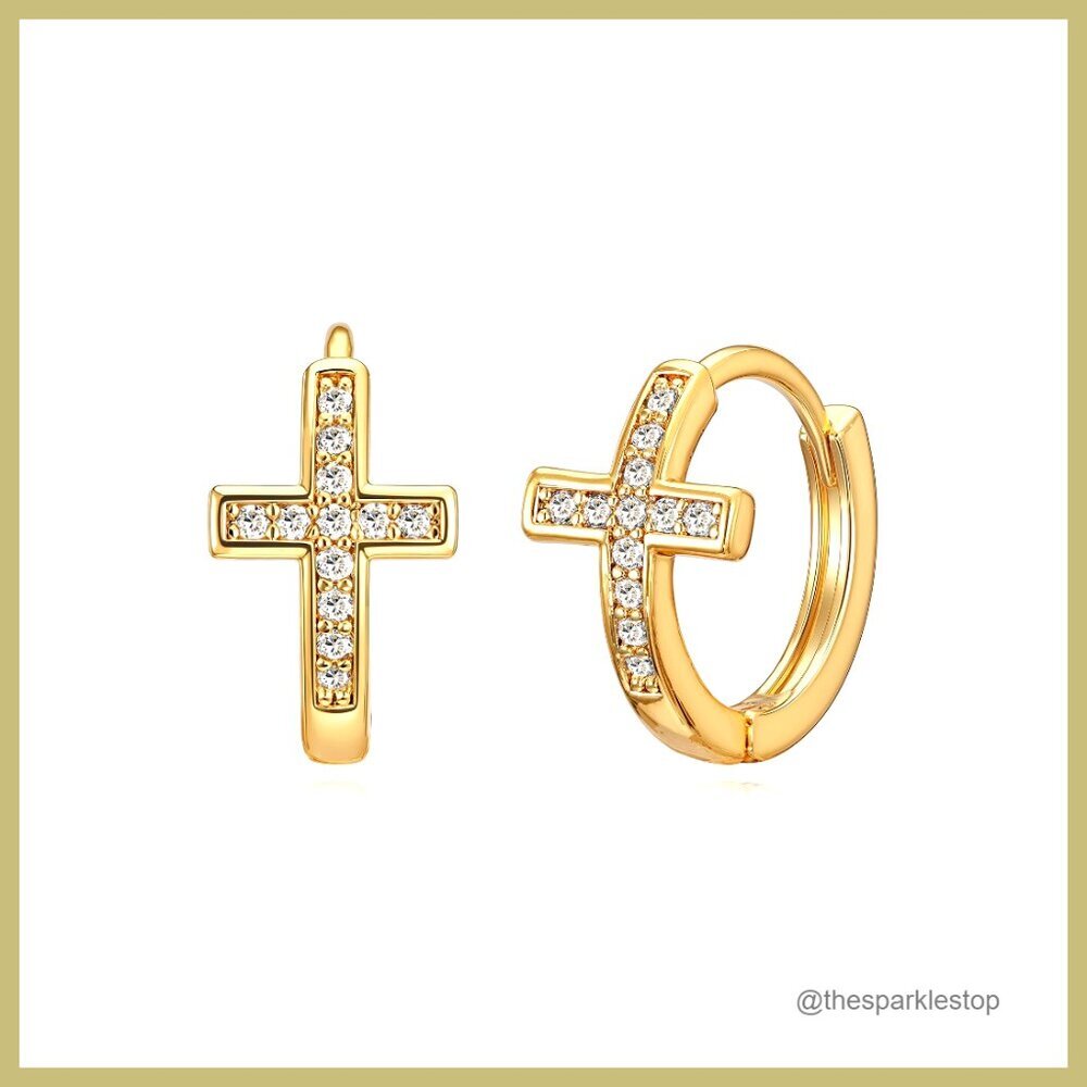 14K Gold Plated Cross Huggie Earrings with CZ, Hypoallergenic